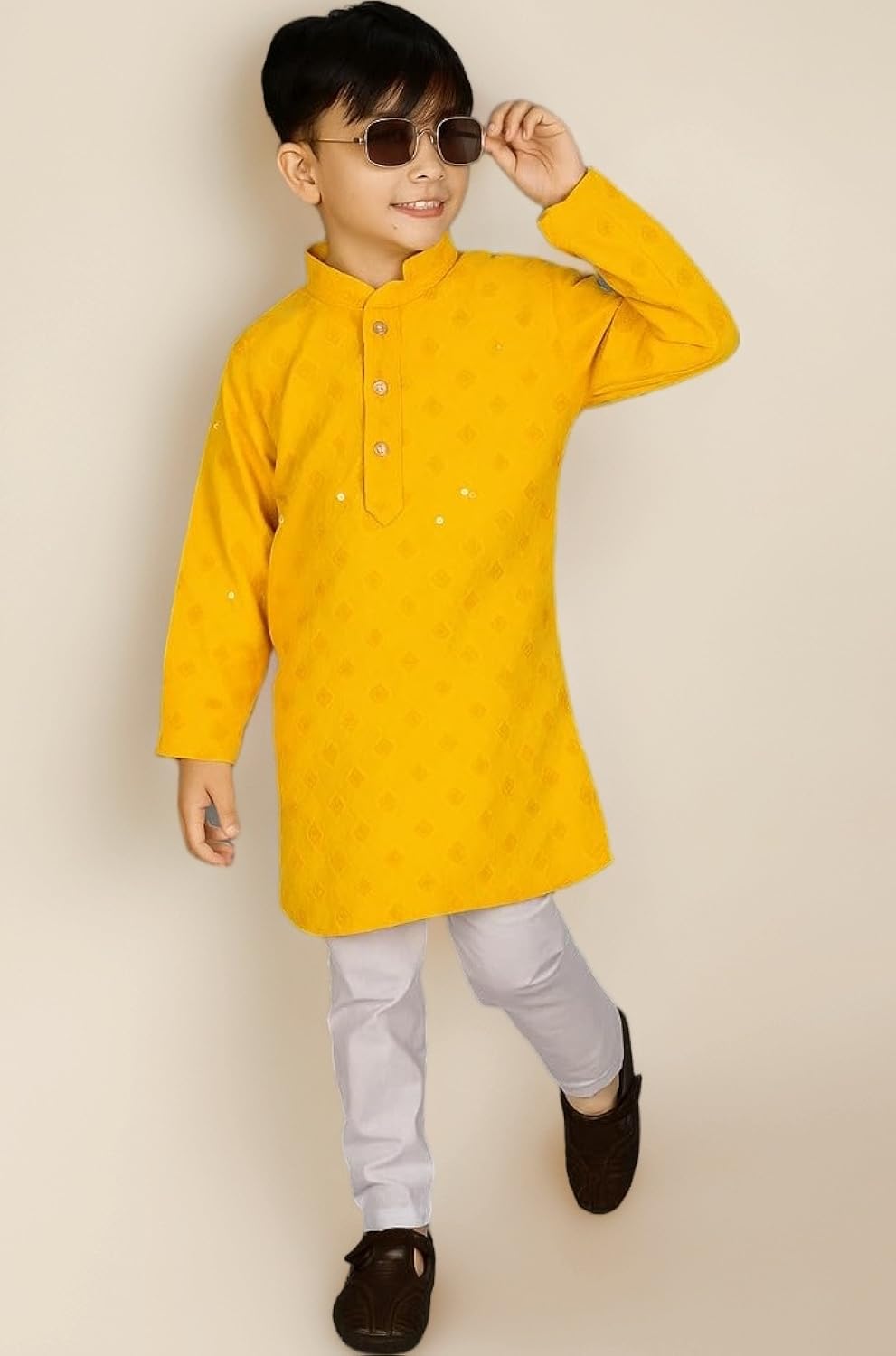 Kids Ethnic Yellow Kurta Pajama Set for Boys | Festive & Wedding Traditional Wear | Comfortable Cotton Blend Outfit for Party & Function