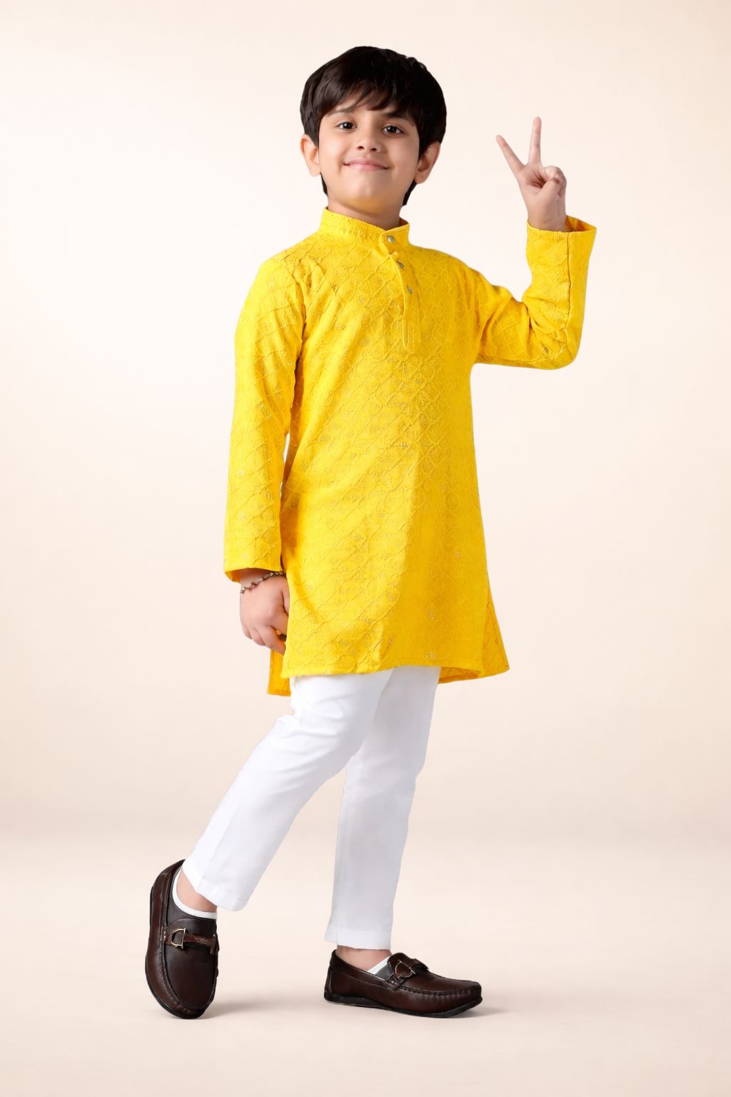 Kids Ethnic Yellow Kurta Pajama Set for Boys | Festive & Wedding Traditional Wear | Comfortable Cotton Blend Outfit for Party & Function